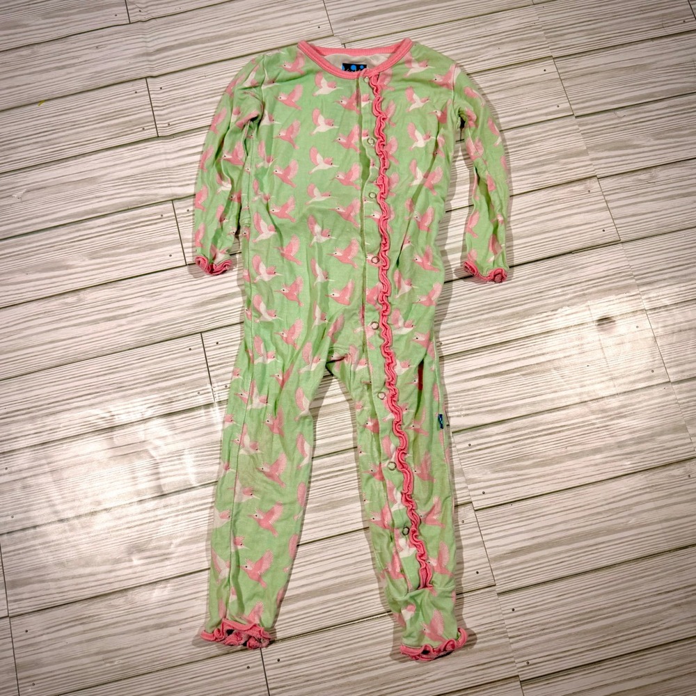 KicKee Pants Green Pink Bird Print Ruffle Bamboo Viscose Romper 12-18 Months
